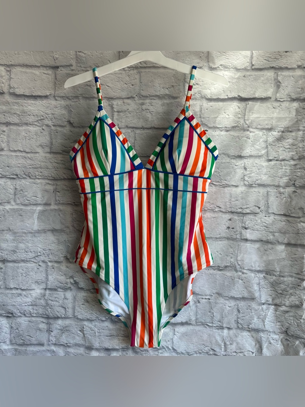 PREOWNED BODEN KASOS STRING V NECK SWIMSUIT BATHING SUIT WOMENS SIZE 12 R STRIPE